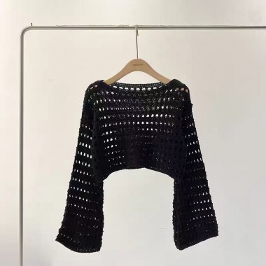Укороченный вязаный топ в сетку с длинным рукавом кофта топ сетка One size черный